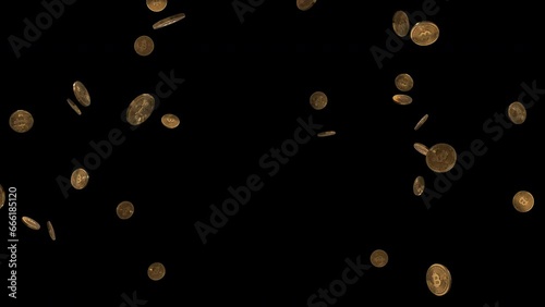Burst exploding Bitcoin crypto currency in the middle with alpha transparency background suitable for editing