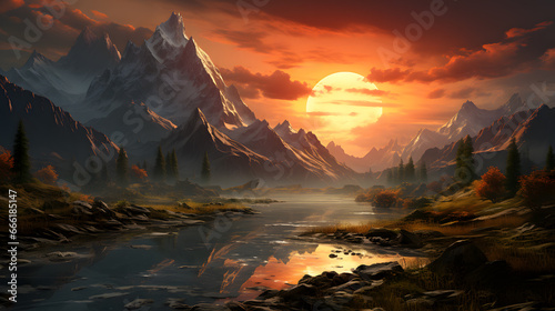 The sun sets behind the rugged mountain peaks and a river scene. Generative AI.