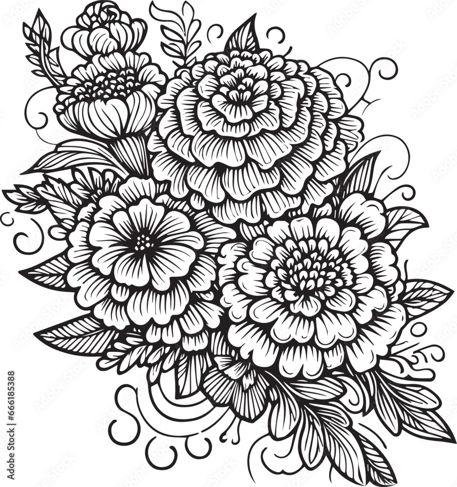 Set of vector hand-drawn marigold tattoo, marigold line drawing,  marigold doodle art, leaf's vector art, Pencil realistic wildflower drawing, ink sketch isolated on white background