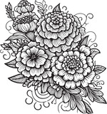 Set of vector hand-drawn marigold tattoo, marigold line drawing,  marigold doodle art, leaf's vector art, Pencil realistic wildflower drawing, ink sketch isolated on white background