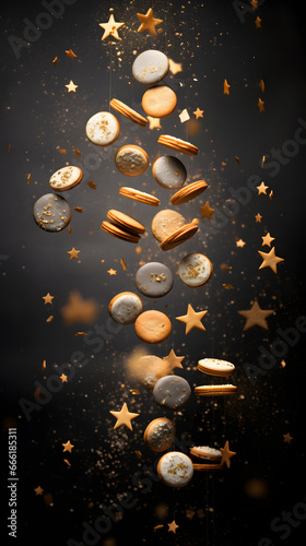 Cristmas cookies flying away on grey background. photo