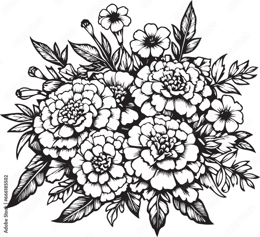 flower arrangement line art collection, Advanced Flower Coloring Page, Beautiful marigold flowers wall art, marigold Coloring Pages, artistic decorative floral sketch, pretty flower coloring pages