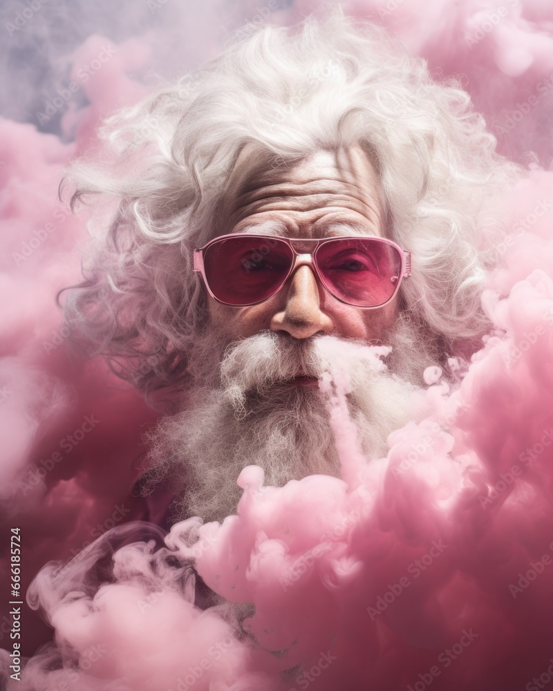 In a swirl of white and pink, a mysterious man with smoke-filled lungs gazes out through his vibrant eyewear, embracing the outdoor elements as he blows clouds of contemplation into the wild unknown