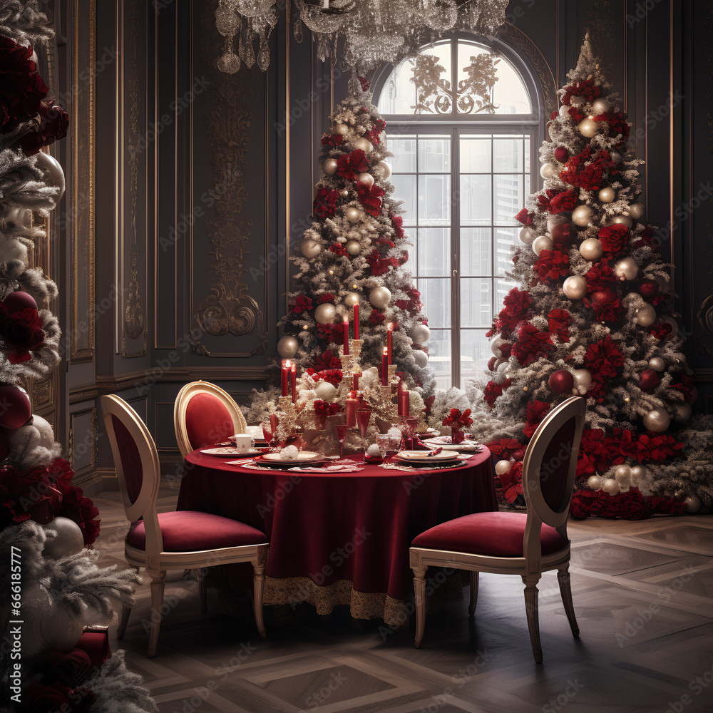 Elegantly Extravagant Christmas Dining: Ethereal Trees, Vray Tracing, White and Red Decor, Candles, and Flowers in a Formal Setting