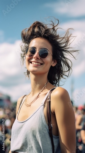 A summer lady with a wild smile stands on the street, her neck adorned with sunglasses and goggles, embracing the outdoors and the sky with her cool eyewear
