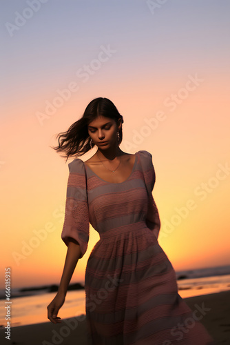 beautiful young latina posing with designer dress on the beach, on a beautiful sunset