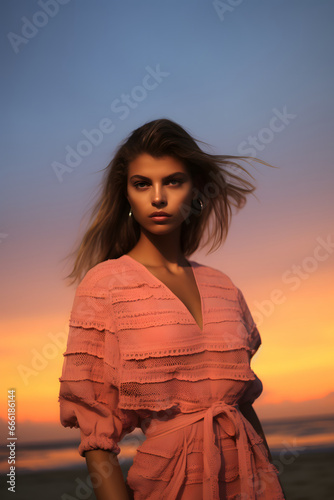 beautiful young latina posing with designer dress on the beach, on a beautiful sunset