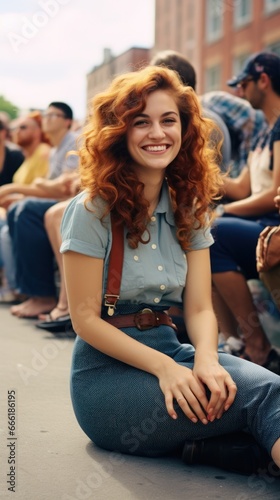 A denim-clad woman with fiery red locks sits on the gritty sidewalk, her smile lighting up the outdoor scene as she rests one limb elegantly on the ground, a symbol of youthful freedom and carefree s
