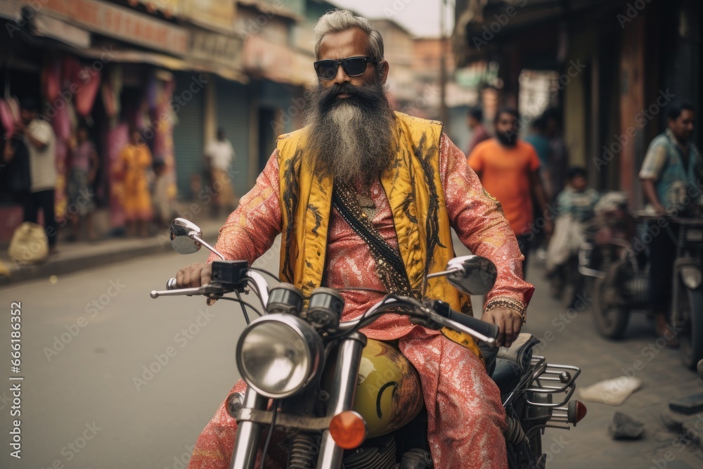 A daring man flaunts his vibrant style as he sits atop his motorcycle, soaking up the outdoor atmosphere as he takes to the streets with a fearless attitude, the wheels of his bike grinding against t