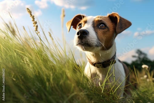 A picture of a brown and white dog standing in tall grass. This image can be used to depict a dog enjoying nature or as a symbol of outdoor activities.