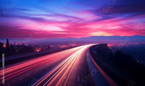 Serene Highway at Dusk - Long Exposure Shot with Blurred Lights and Vibrant Sky