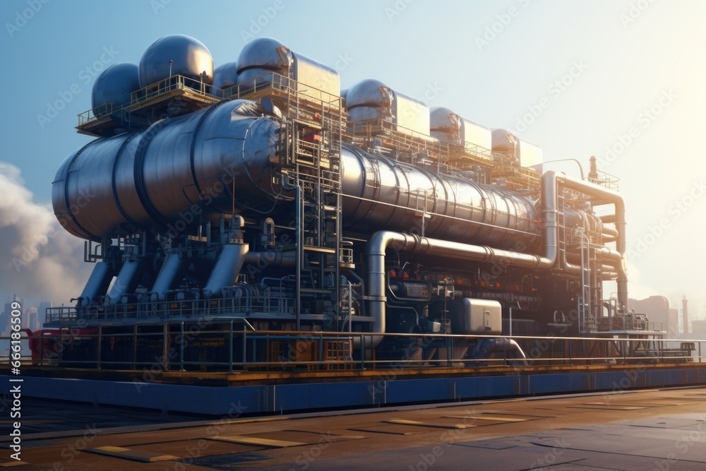 Naklejka premium A large industrial building with a complex network of pipes. Suitable for illustrating manufacturing, construction, or energy industries.