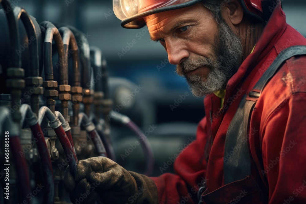 A man wearing a hard hat is seen working on pipes. This image can be used to illustrate construction, plumbing, or industrial work.