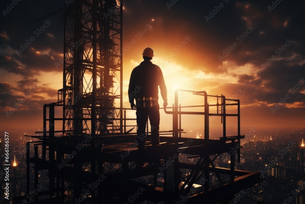 Fototapeta premium A man stands on top of a building that is still under construction.