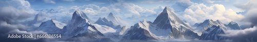 Nature s ethereal canvas  a mountain summit veiled in clouds  offering a panoramic view of the wild and untamed landscape adorned with a blanket of snow