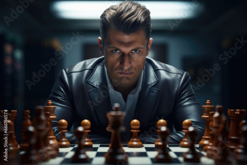 A man in a leather jacket playing chess. Versatile image suitable for various contexts.