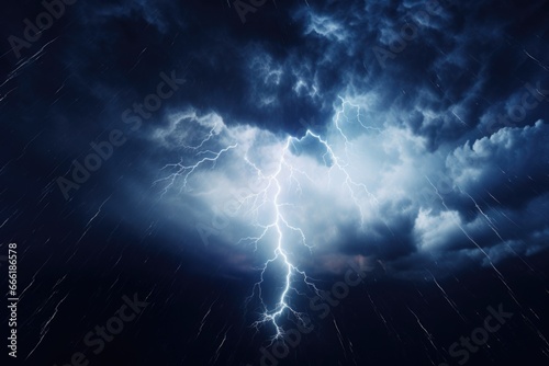 A powerful lightning bolt striking through a dramatic cloudy sky. 