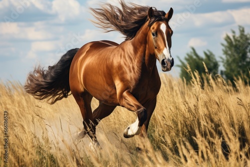 A brown horse is captured in motion as it runs through a field of tall grass. This image can be used to depict freedom, nature, or outdoor activities. © Fotograf