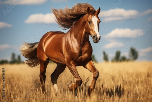 A brown horse running through a field of tall grass. This image can be used to depict freedom, nature, and the beauty of the outdoors.