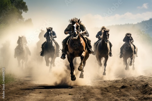 A group of people riding horses down a dirt road. This image can be used to depict outdoor activities, horseback riding, or a countryside adventure.
