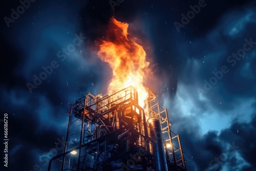 An oil refinery emitting large amounts of smoke. This image can be used to depict industrial pollution or the production of fossil fuels