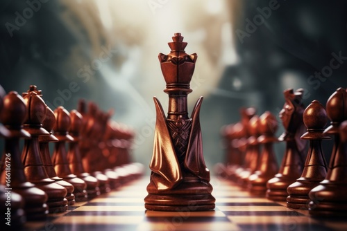 A detailed view of a chess board with numerous chess pieces. This image can be used to depict strategic thinking, decision-making, or a competitive environment