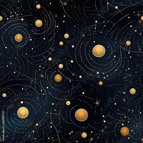 Celestial Constellation Illuminates An Embroidered Night Sky. Seamless Background