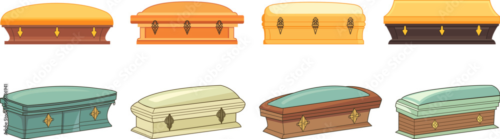 Flat coffins different view. Isolated coffin for funeral service or store. Colorful wooden boxes. Mortuary funerary sarcophagus for pharaon decent vector set