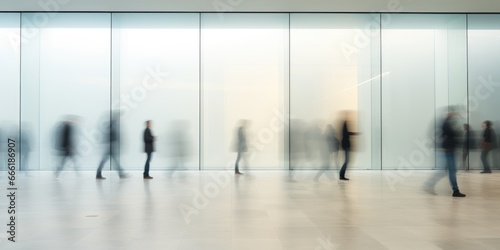 Fototapeta Naklejka Na Ścianę i Meble -  Crowded public place with people passing walking in city traffic flow motion blur effect. Cinematic light Generative AI