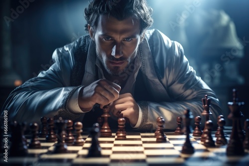 A man is engaged in a game of chess. This image can be used to depict strategic thinking, problem-solving, concentration, or intellectual challenges