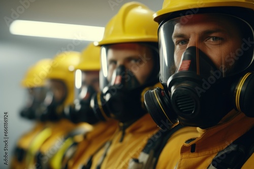 A group of men wearing gas masks and helmets. This image can be used to depict safety precautions, hazardous environments, or emergency response scenarios photo
