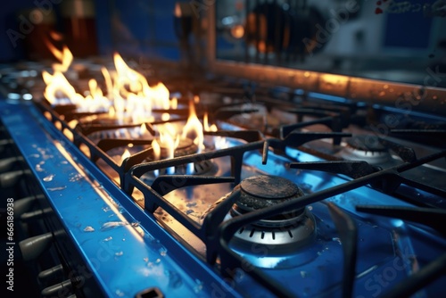 A picture of a blue stove top with multiple burners. This versatile image can be used to depict cooking, kitchen appliances, or home interior design