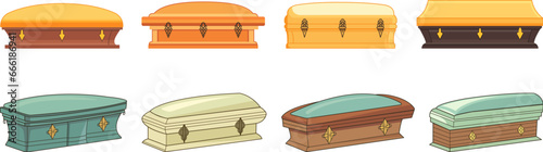 Flat coffins different view. Isolated coffin for funeral service or store. Colorful wooden boxes. Mortuary funerary sarcophagus for pharaon decent vector set
