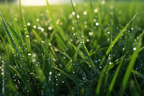 A close-up view of grass blades covered in sparkling water droplets. Perfect for nature-themed designs or concepts related to freshness and rejuvenation