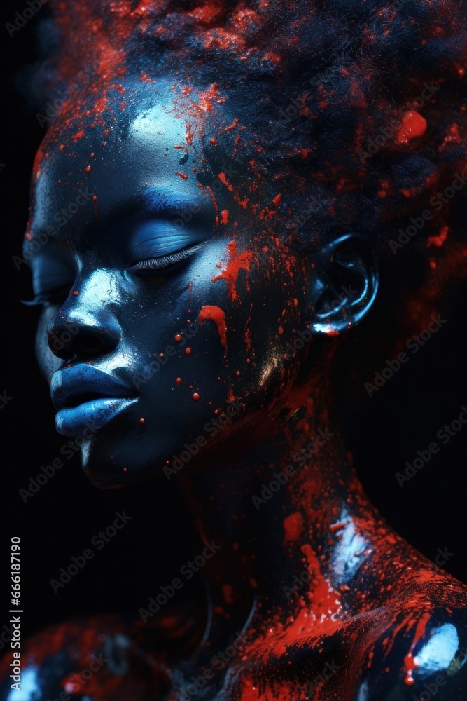 A striking portrait of a woman, adorned with black paint, captures the essence of dark art and evokes a sense of wildness and fluidity