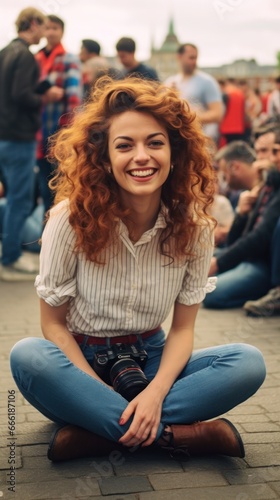 Amidst the denim-clad crowd, a fiery-haired woman sits on the earth, capturing the essence of the outdoors with her camera, her smile radiating the free-spirited energy of a wild girl