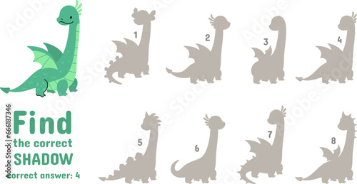 Find correct dragon shadow. Children play location with different dragons or dinosaurs shadows. Educational paper toy nowaday vector template © MicroOne