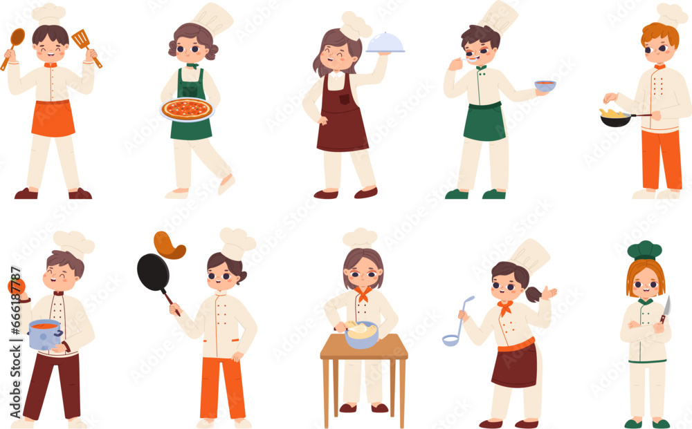 Kids cooking in white chef uniform with kitchen tools. Children chefs characters, cartoon kitchen workshop toddlers. Snugly restaurant vector set