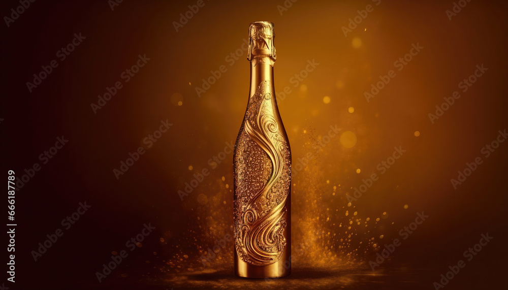 champagne bottle and glass with sparkles - obrazy, fototapety, plakaty 