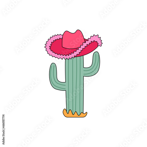 Cute cactus with pink cowboy hat. Vector illustration in retro cartoon style on isolated background