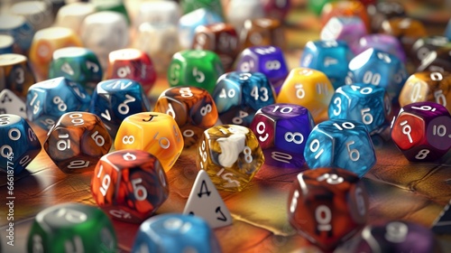 Lots of colorful dices for board games, tabletop games or rpg on light background. photo