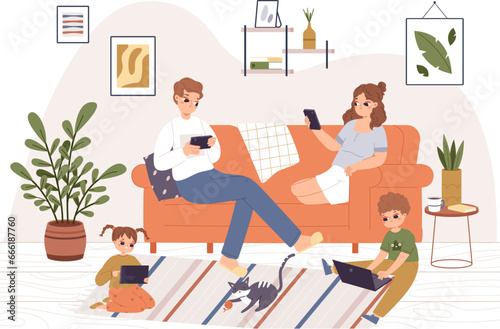 Family using gadgets at home. Evening in living room, adults and kids social media and internet addiction. People chatting and studying snugly vector scene