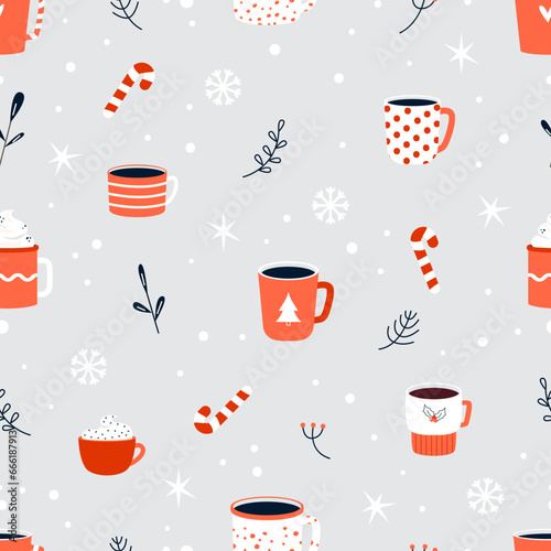 Christmas drinks seamless pattern. Hot chocolate, cute mugs cappuccino and coffee. Cozy winter holidays beverages snugly vector textures