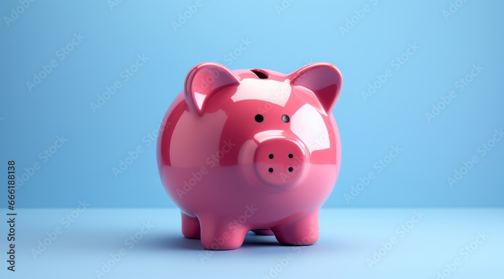 Cute Pink Piggy Bank on Vibrant Blue Background with Copy Space