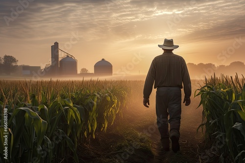 Silhouette in a fog of a farmer walks along a cornfield in the evening fog. In the distance is a granary. Rural life and agriculture.