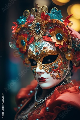 attractive person with colorful makeup and Venetian costumes