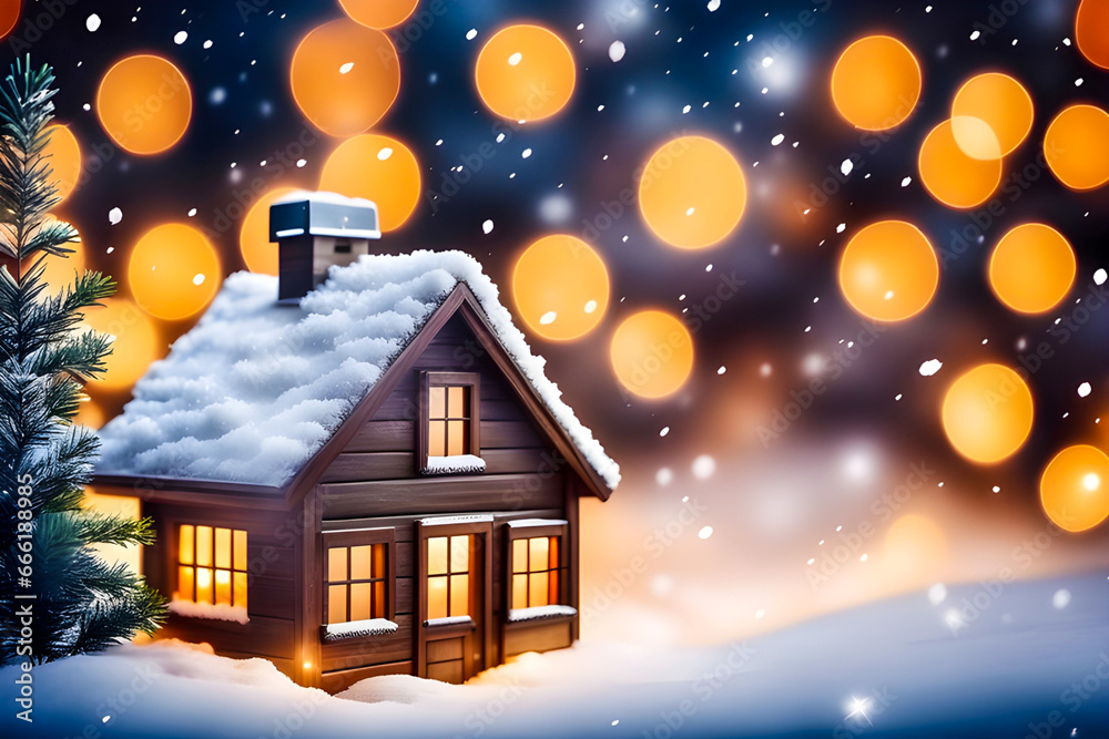 Christmas landscape with house, snow, and orange bokeh lights. Festive season wallpaper.