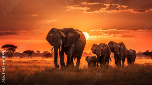 Herd of elephants in the savanna at sunset © Veniamin Kraskov