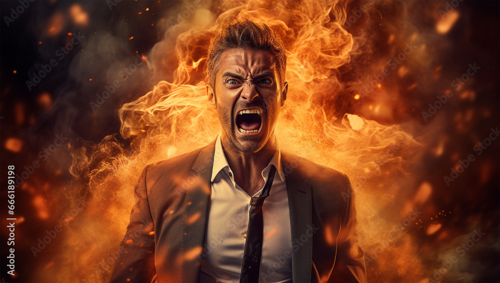 Aggressive businessman screaming in front of a burning building. Fire concept. Aggressive businessman screaming in front of a burning building. Fire concept.