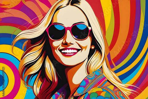 Happy hippie woman. Retro 70s fashion, psychedelic abstract background. Closeup portrait, groovy girl. 
